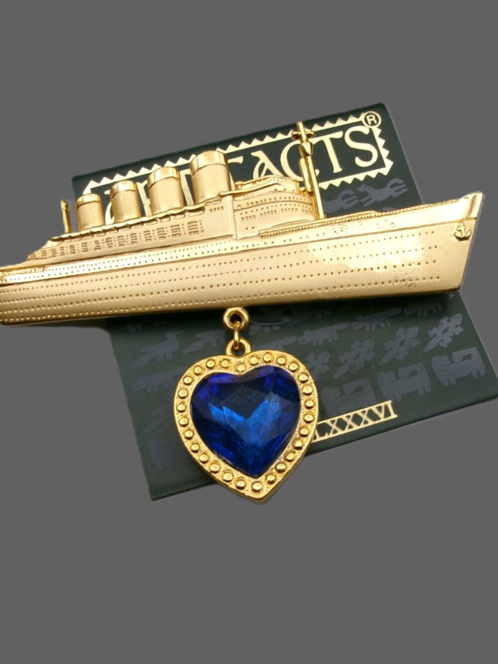 JJ Artifacts Titanic Brooch w/ Blue "Heart of the Ocean" Jewel, Rare Vintage